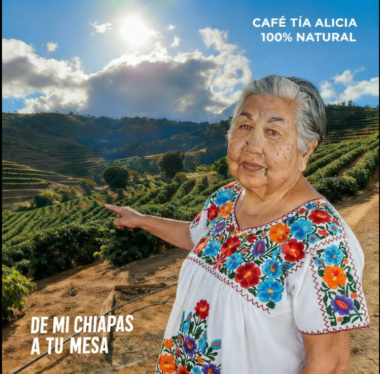 Tía Alicia señala los cafetales de Chiapas bajo el lema Café Tía Alicia 100% natural, de mi Chiapas a tu mesa